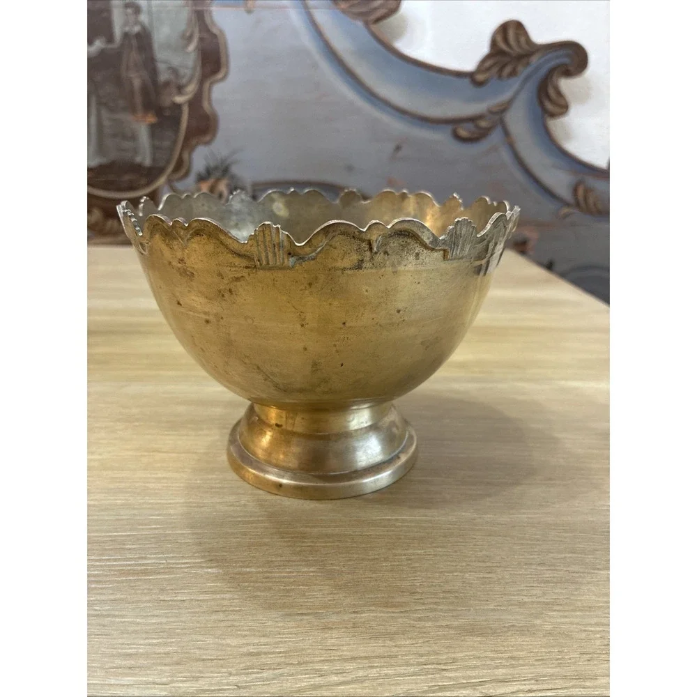 Solid Brass Bowl Scalloped Rim Pedestal Base VTG 6